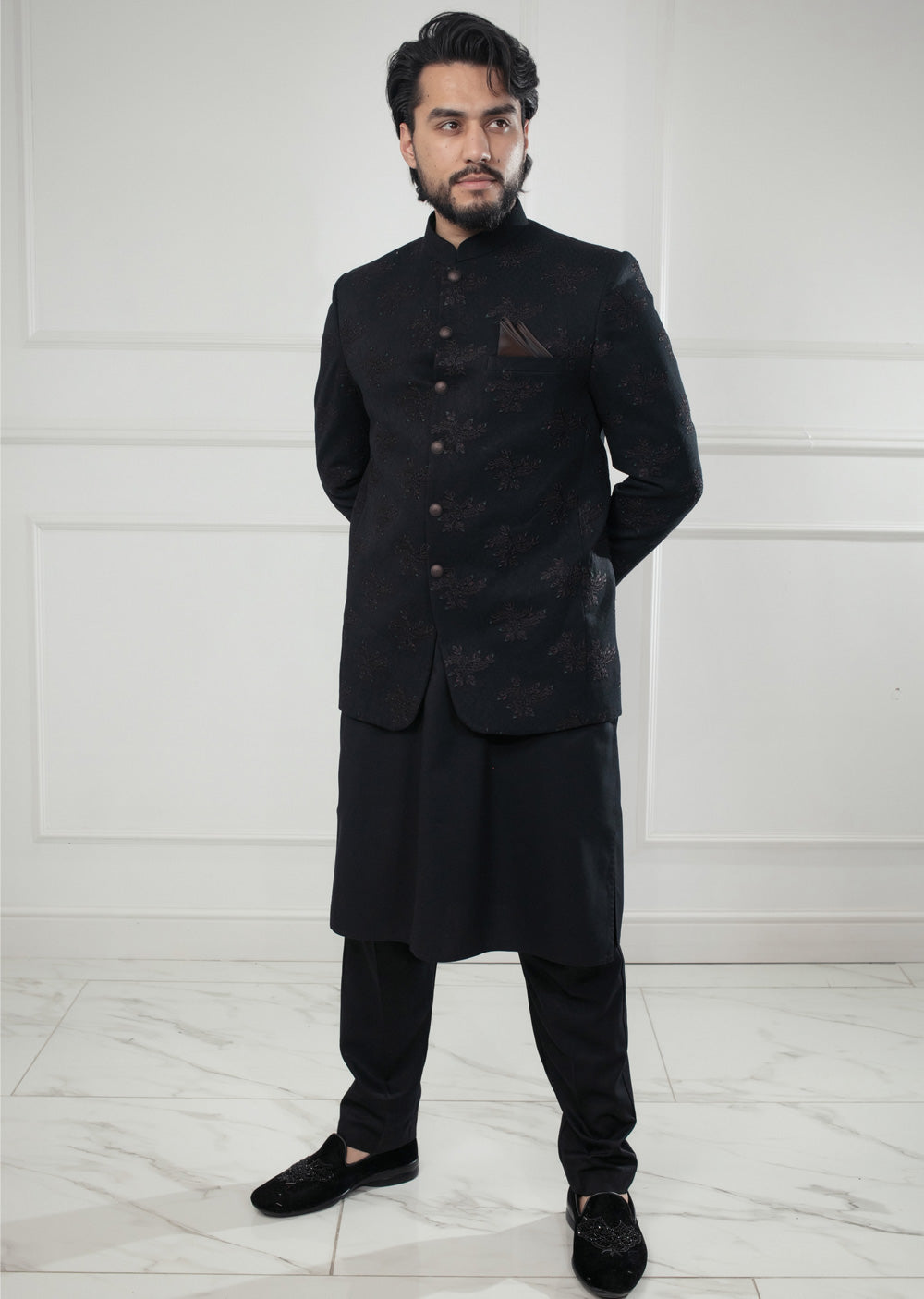 PC-705 - Black Mens Embroidered Prince Coat - Memsaab Online