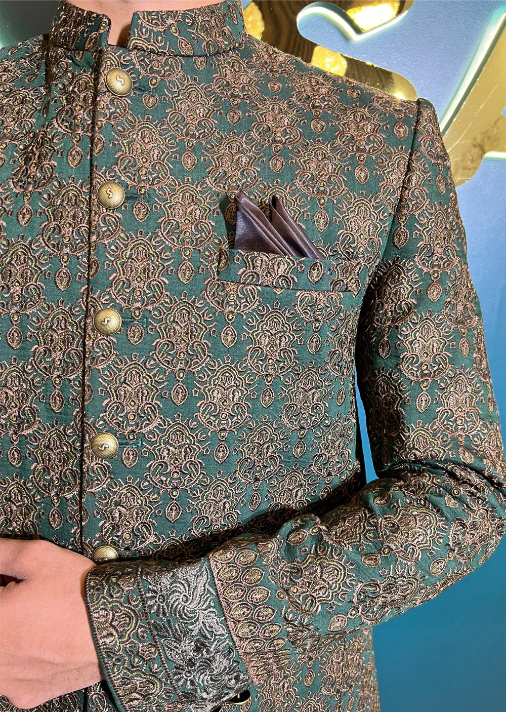 PC-701 - Green Mens Embroidered Prince Coat - Memsaab Online