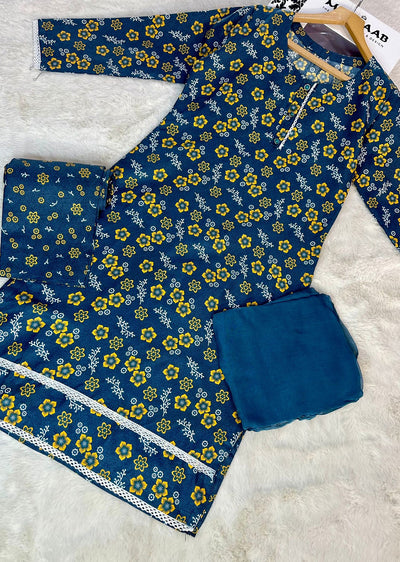 ASK703 Readymade Teal Cotton 3 Piece Suit - Memsaab Online