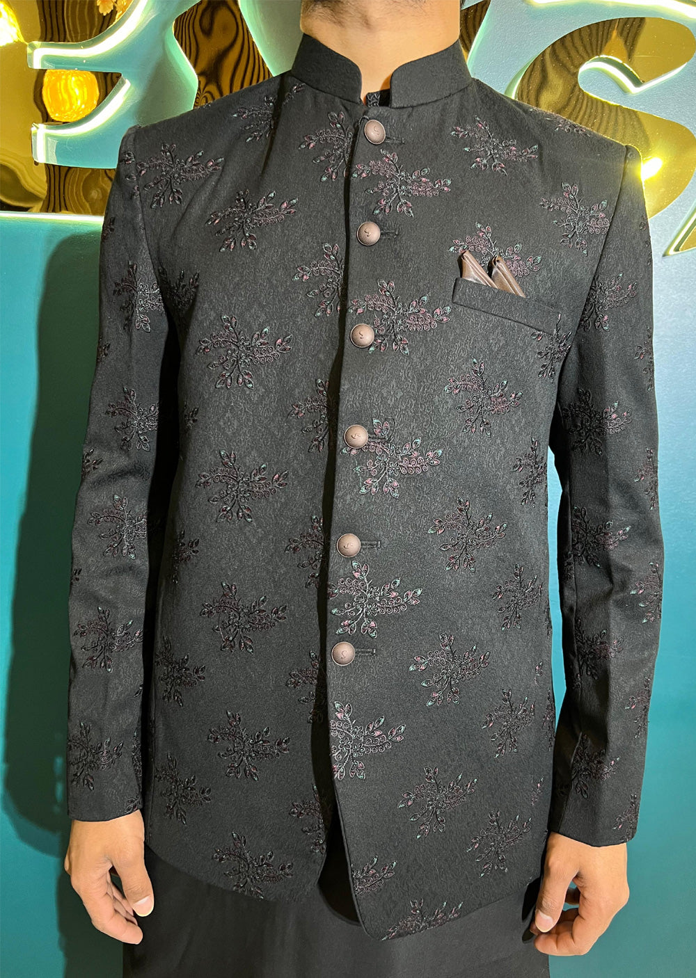 PC-705 - Black Mens Embroidered Prince Coat - Memsaab Online