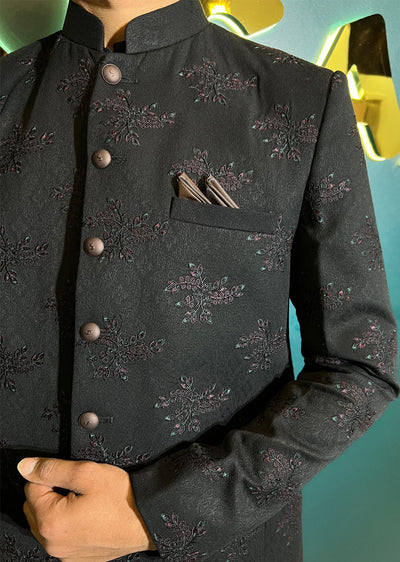 PC-705 - Black Mens Embroidered Prince Coat - Memsaab Online