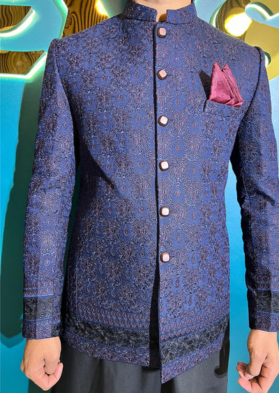 PC-707 - Navy Mens Embroidered Prince Coat - Memsaab Online