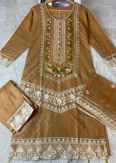 ASK670 Readymade Organza Brown Suit - Memsaab Online