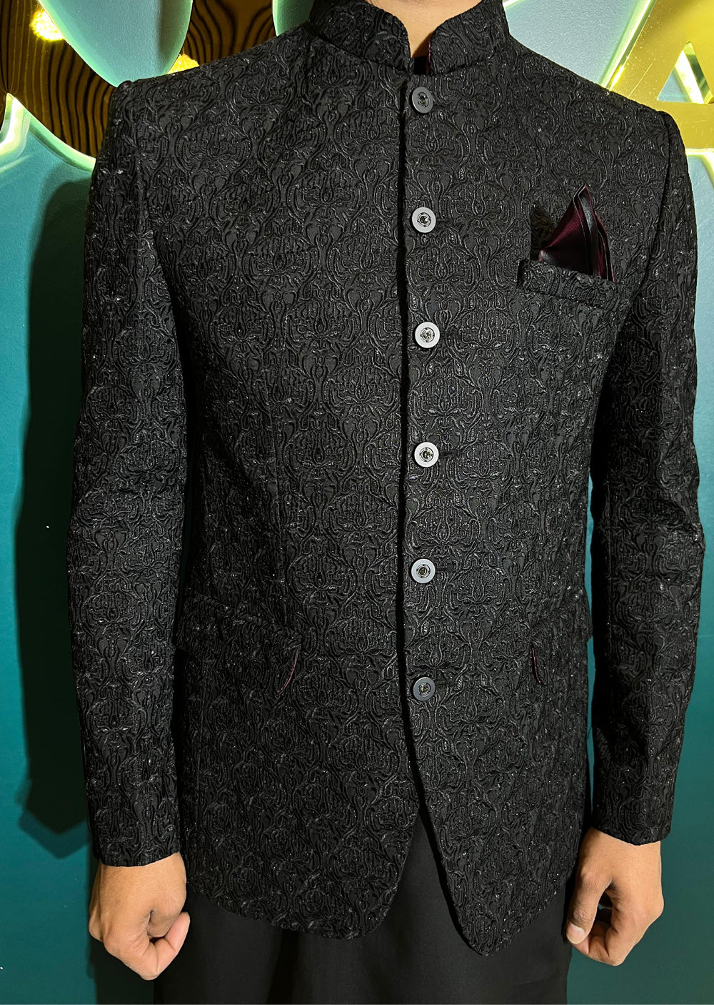 PC-711 - Black Mens Embroidered Prince Coat - Memsaab Online