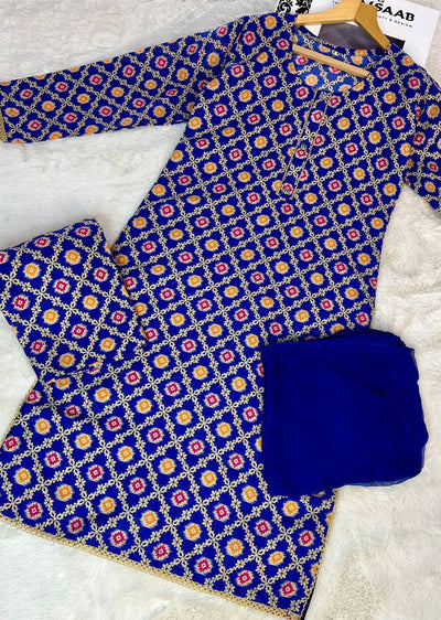 ASK716 Readymade Blue Cotton 3 Piece Suit - Memsaab Online