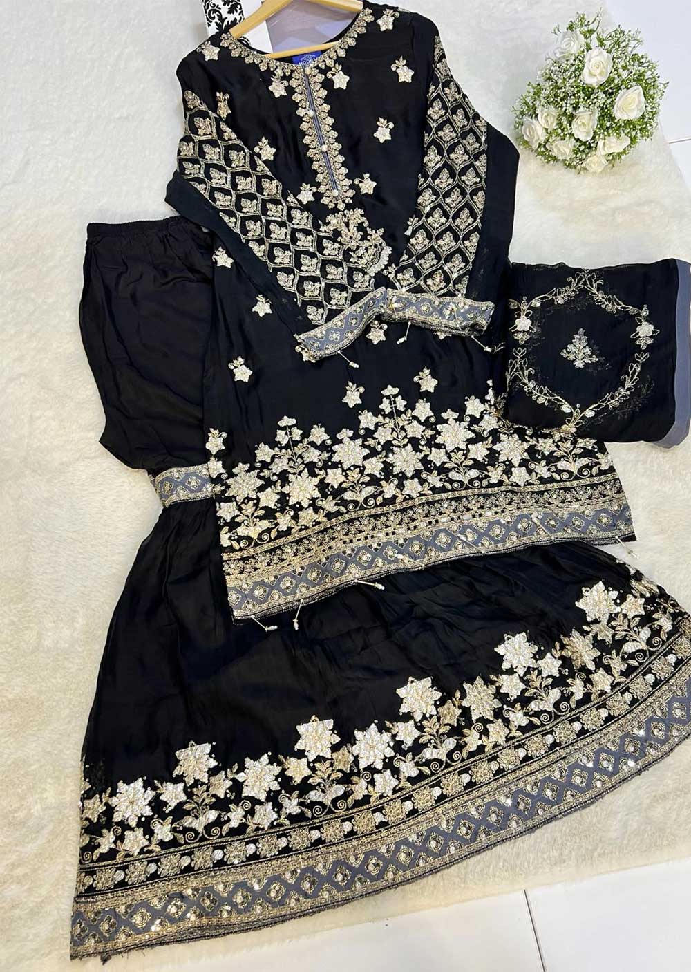 H-751 Black - Chiffon Shararah Suit - Memsaab Online