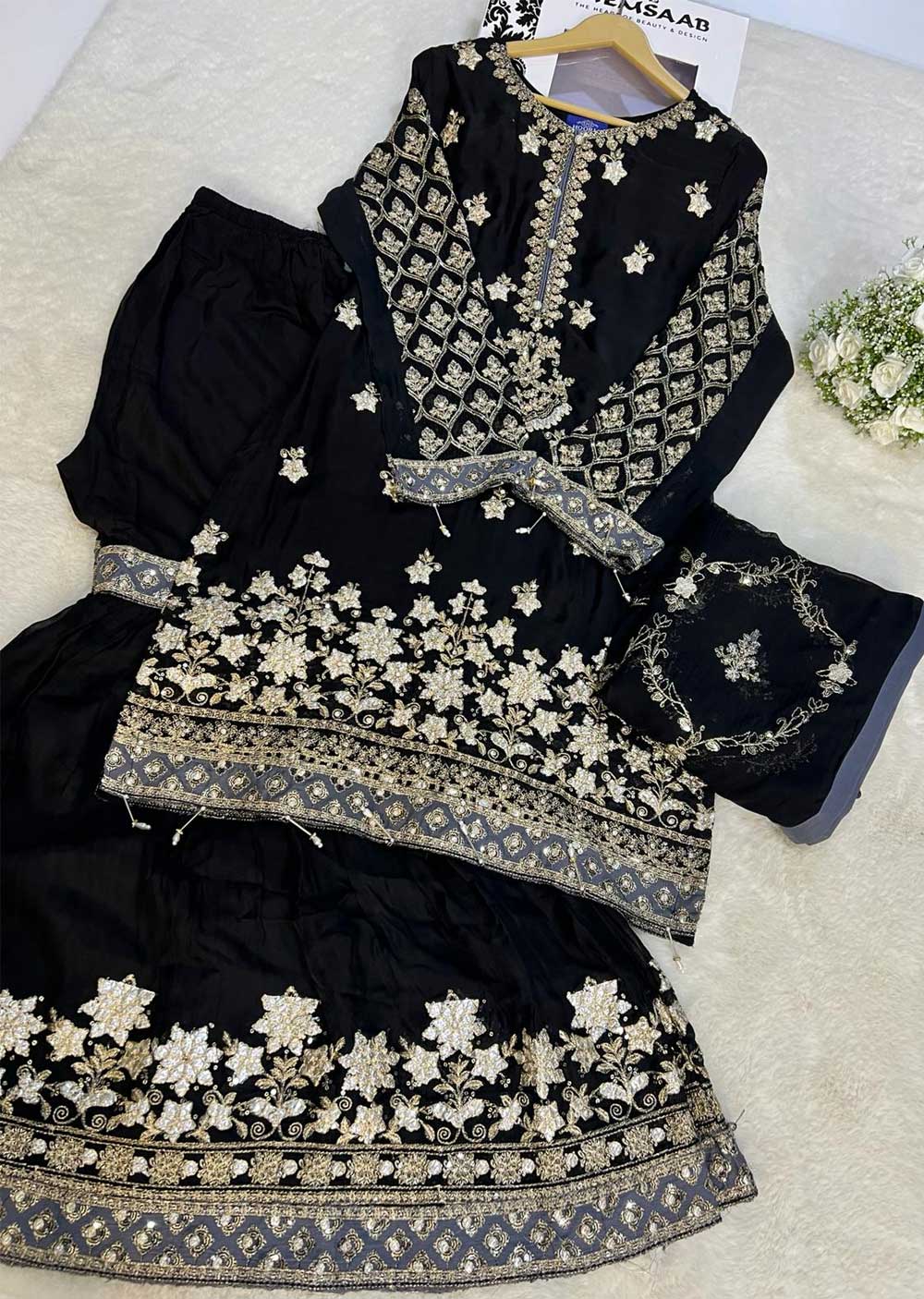 H-751 Black - Chiffon Shararah Suit - Memsaab Online