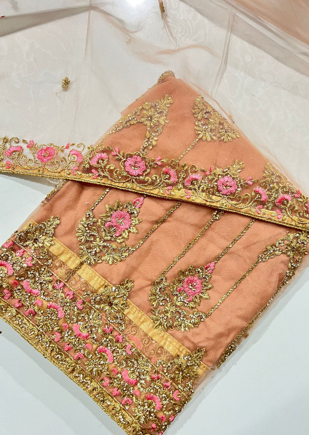 OP755 Peach Unstitched Net Suit - Memsaab Online