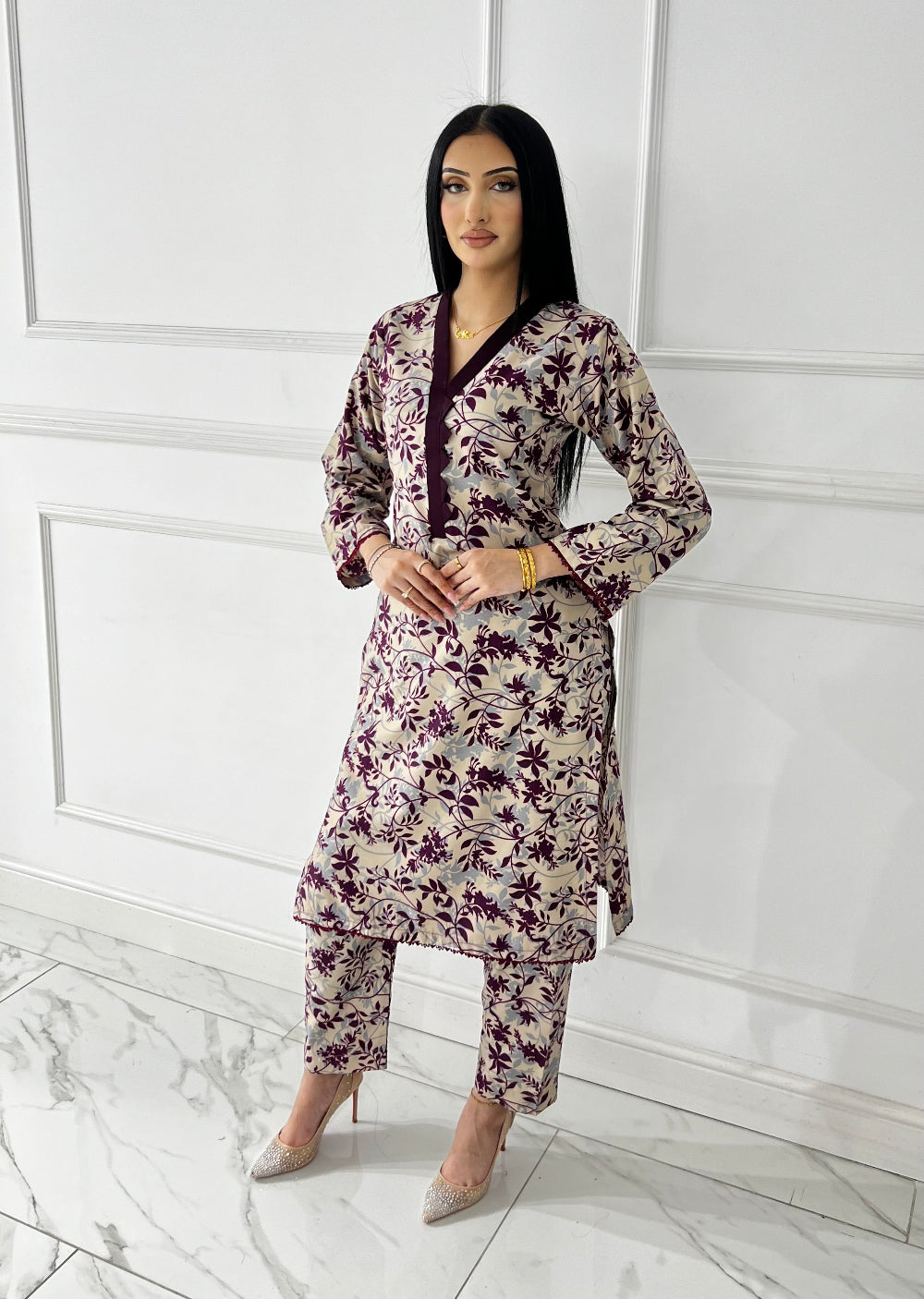 BUT-120- Nude Purple- S.Prints Printed Lawn Co-ords - Memsaab Online