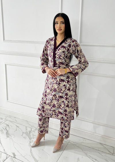 BUT-120- Nude Purple- S.Prints Printed Lawn Co-ords - Memsaab Online
