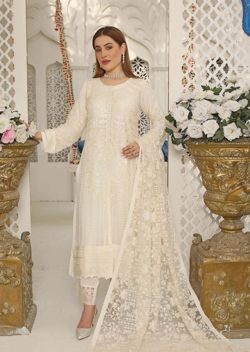 PS1664 White Readymade Chiffon Suit - Memsaab Online