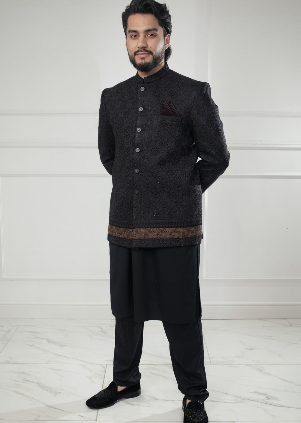 PC-704 - Black Mens Embroidered Prince Coat - Memsaab Online