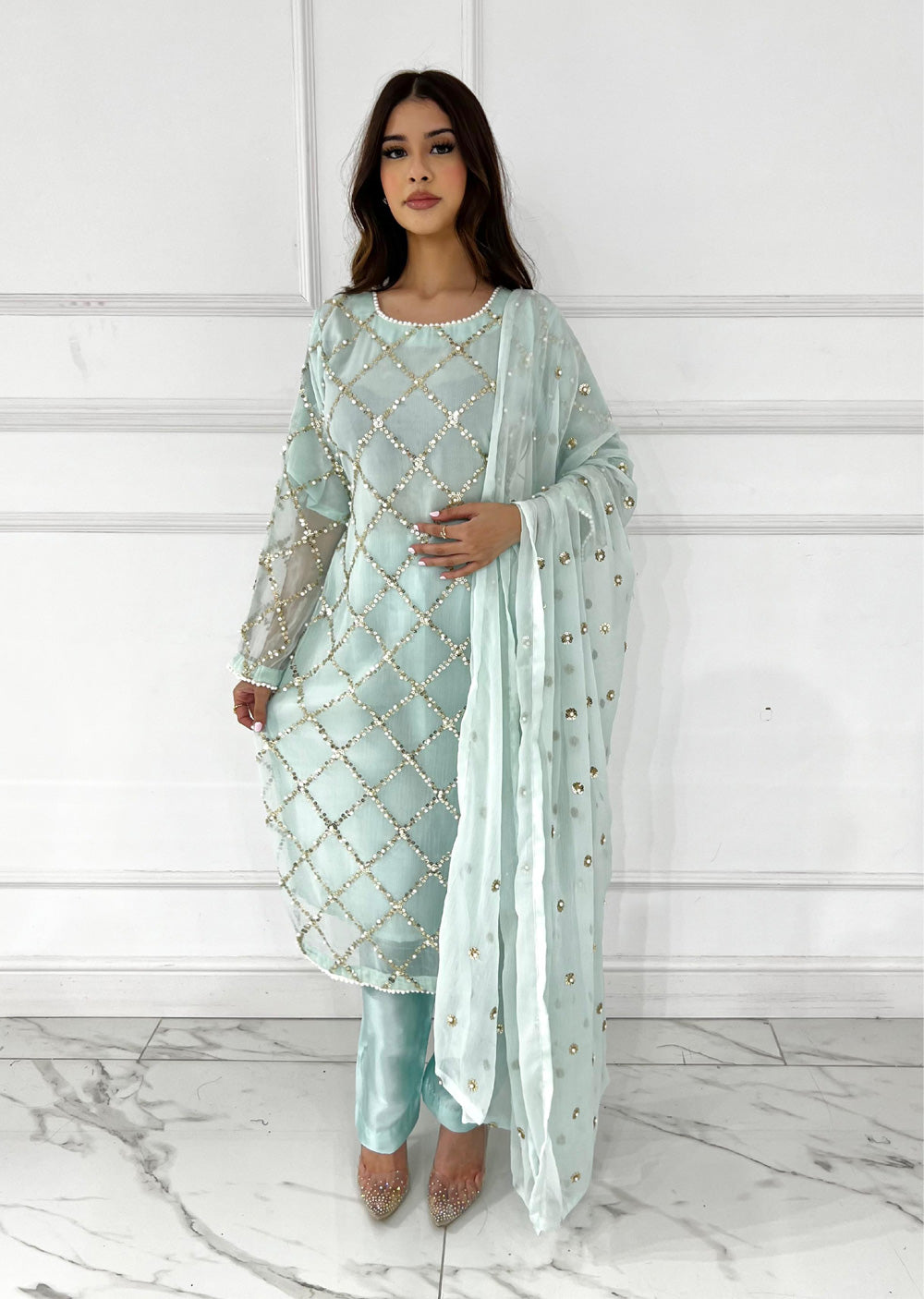 SMR3107 Quratulaine - Turquoise Chiffon Suit - Memsaab Online