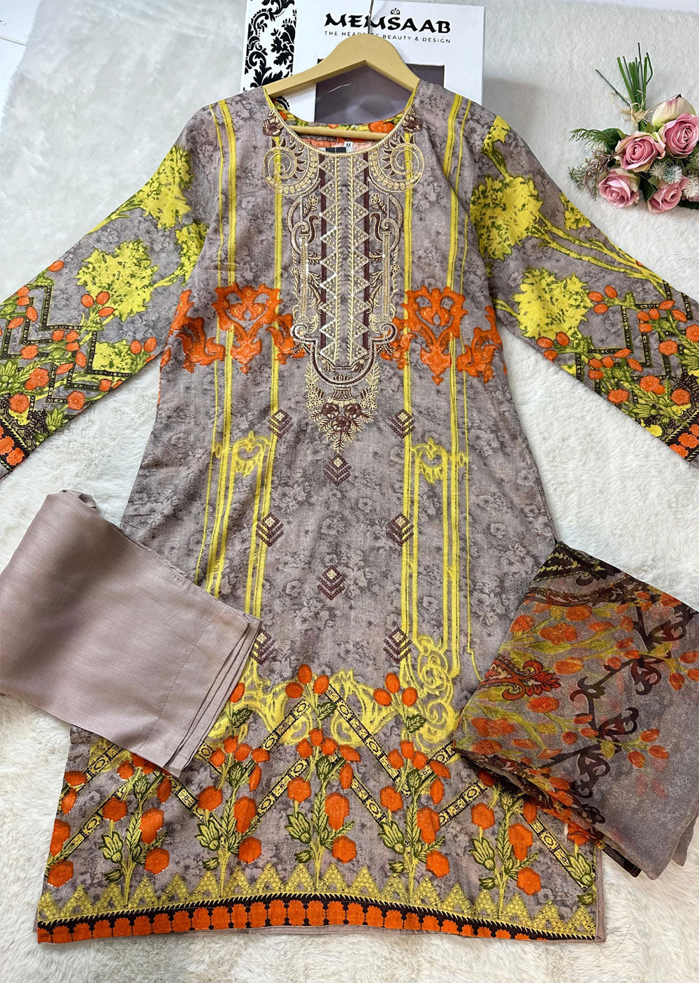 AMT4807 - Grey Readymade Lawn Suit - Memsaab Online