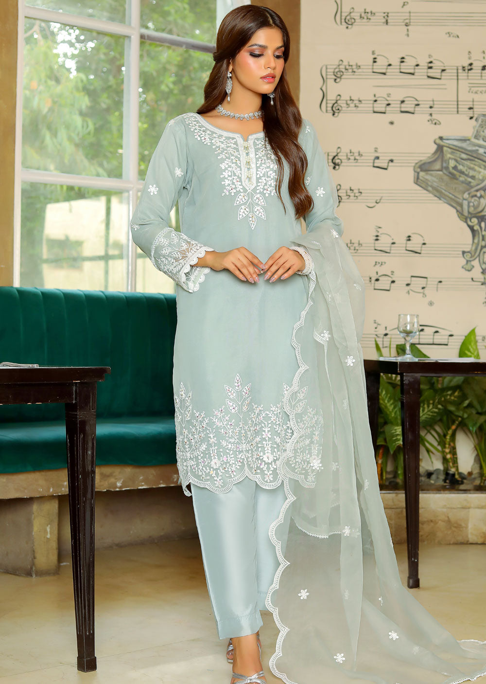 KLD322 Lamisa - Grey Readymade Organza Suit - Memsaab Online