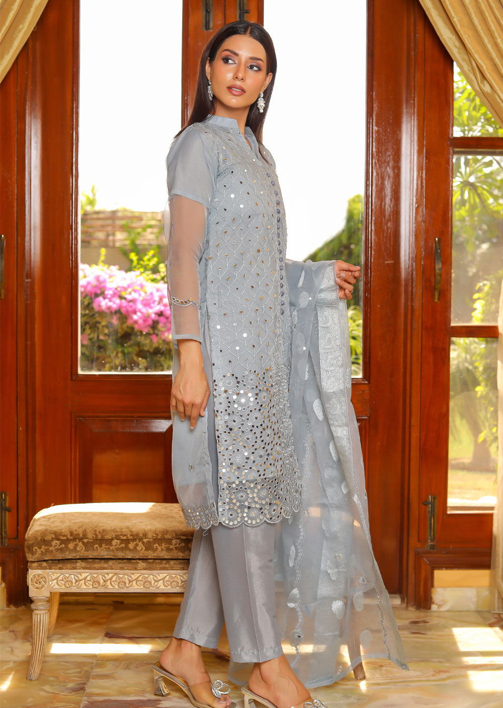 HK218 Rimi - Grey Readymade Organza Suit - Memsaab Online