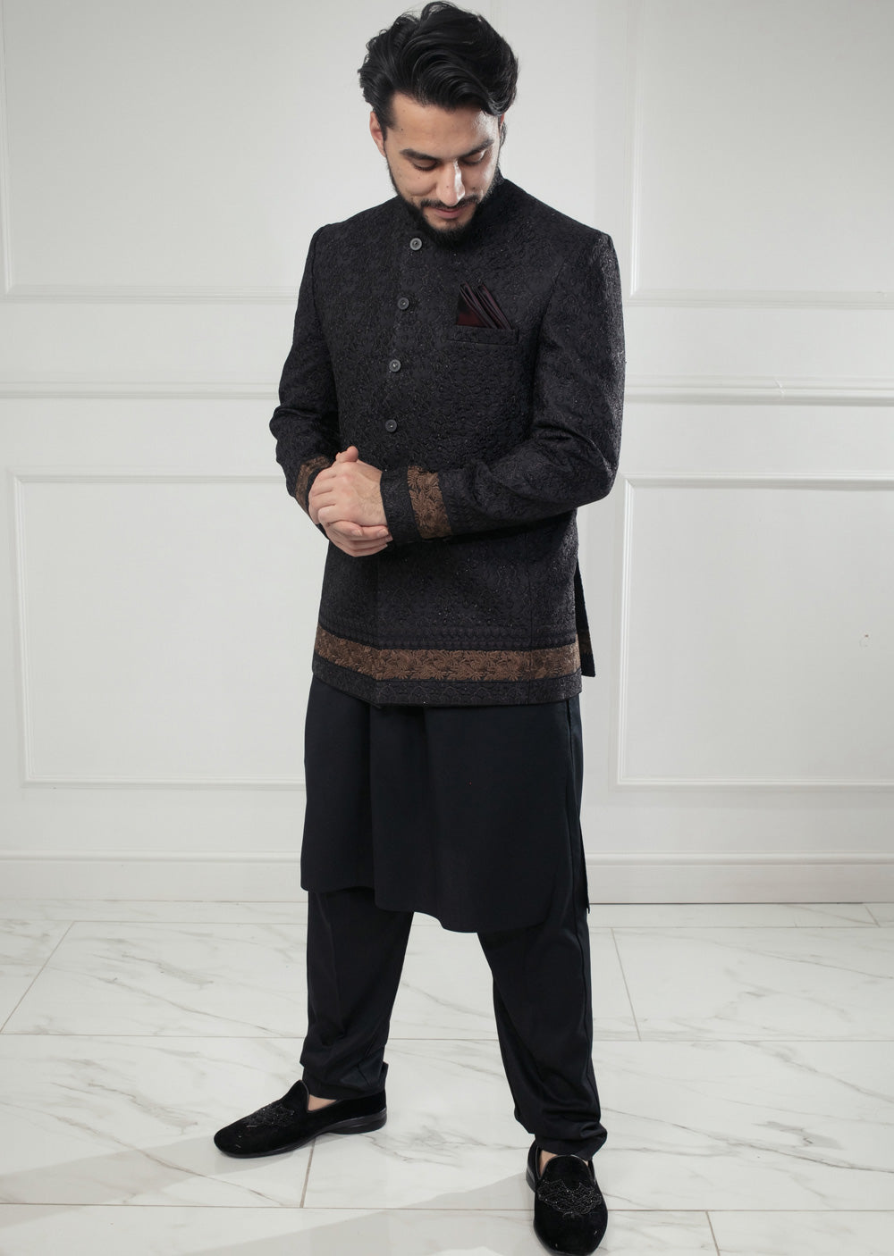 PC-704 - Black Mens Embroidered Prince Coat - Memsaab Online