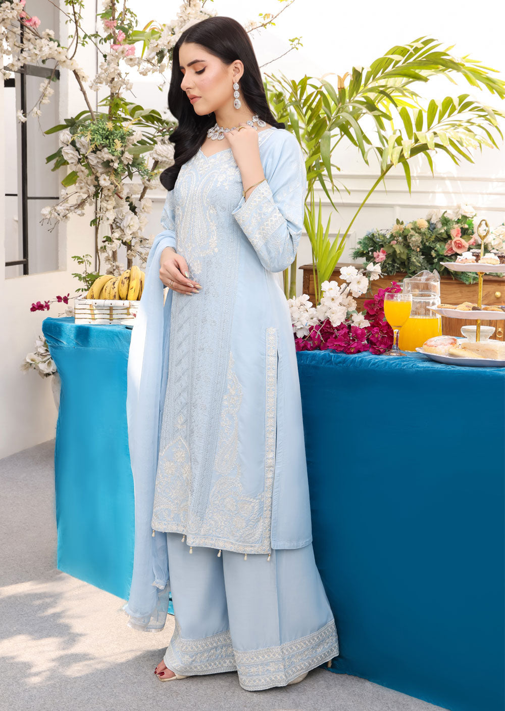 HK234 Jaan - Baby Blue Readymade Linen Suit - Memsaab Online