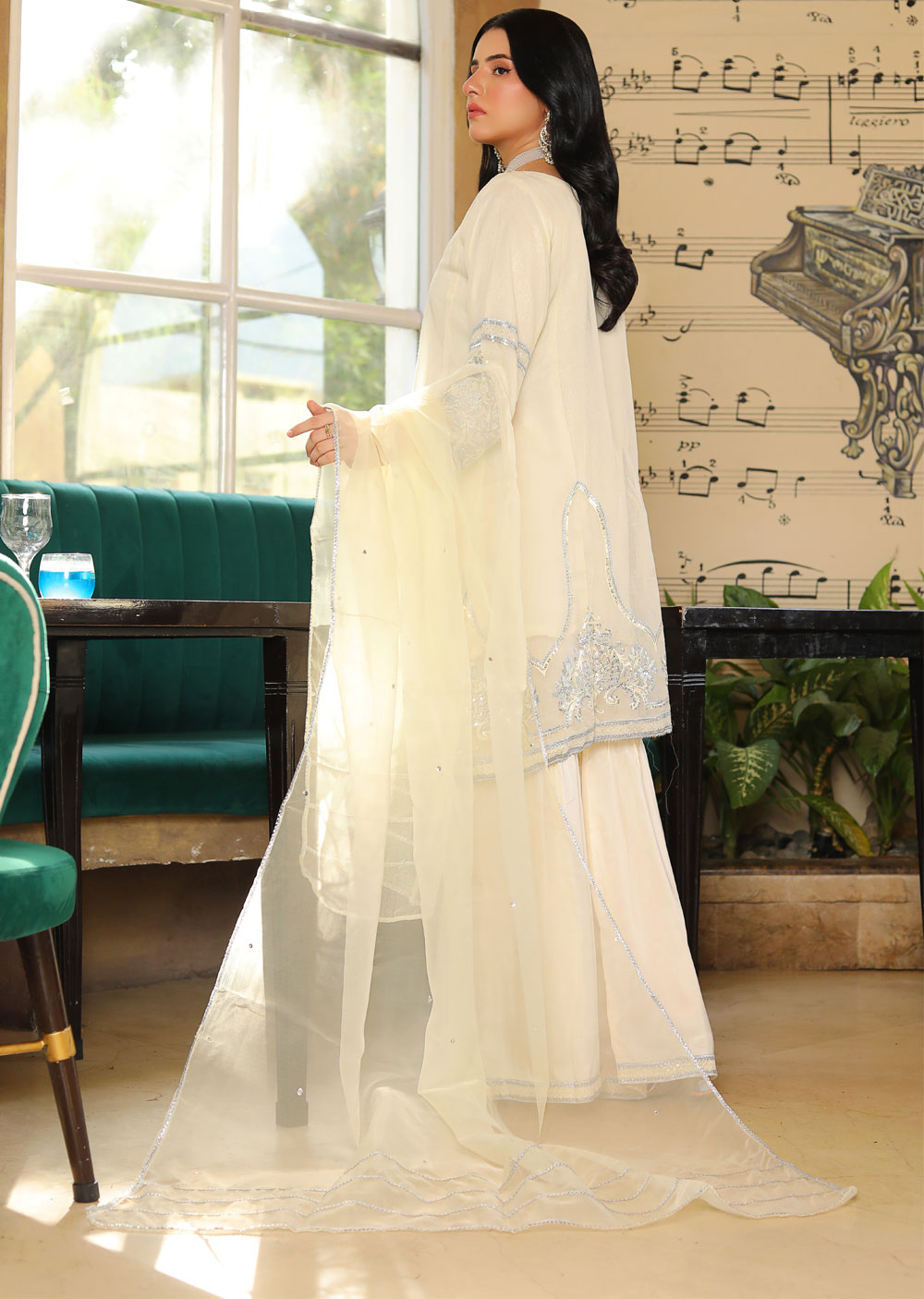 KLD326 Omera - Cream Readymade Cotton net suit - Memsaab Online