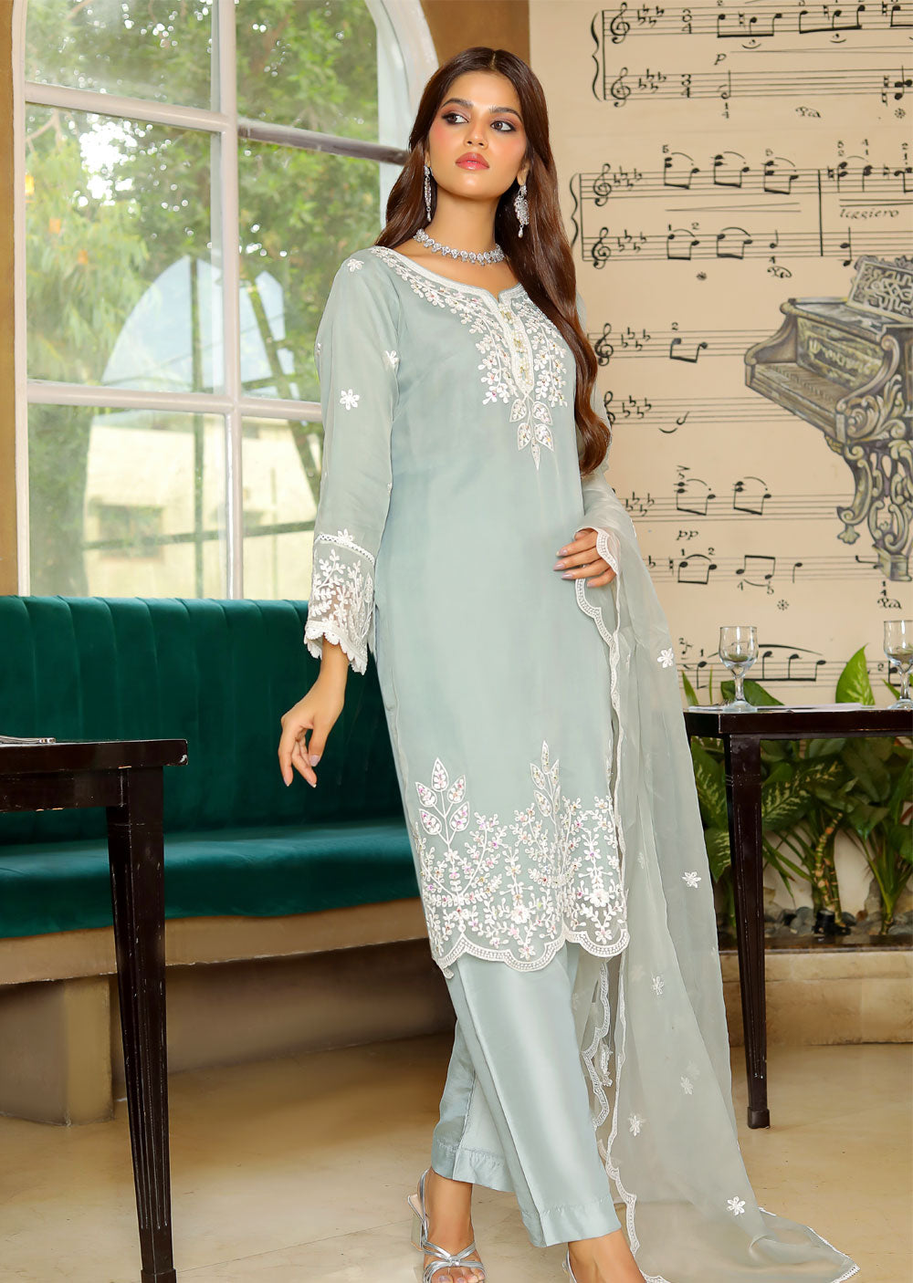 KLD322 Lamisa - Grey Readymade Organza Suit - Memsaab Online