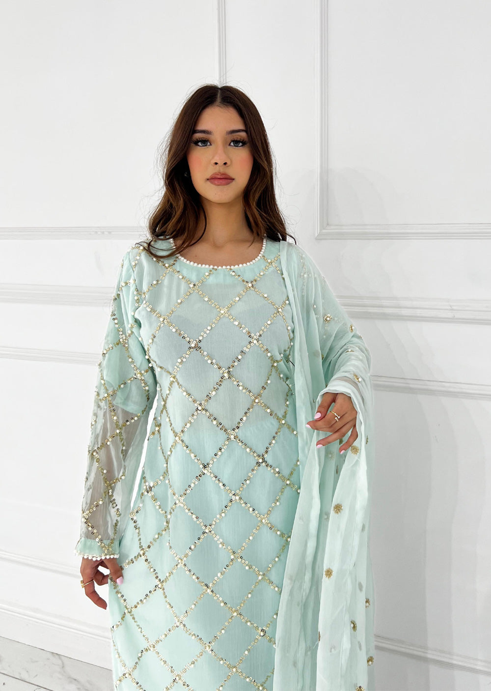 SMR3107 Quratulaine - Turquoise Chiffon Suit - Memsaab Online