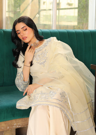 KLD326 Omera - Cream Readymade Cotton net suit - Memsaab Online