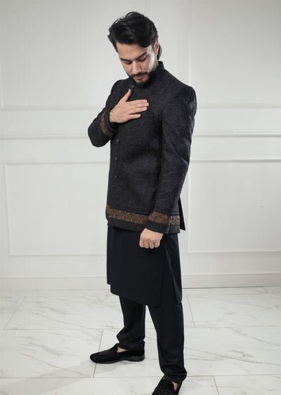 PC-704 - Black Mens Embroidered Prince Coat - Memsaab Online