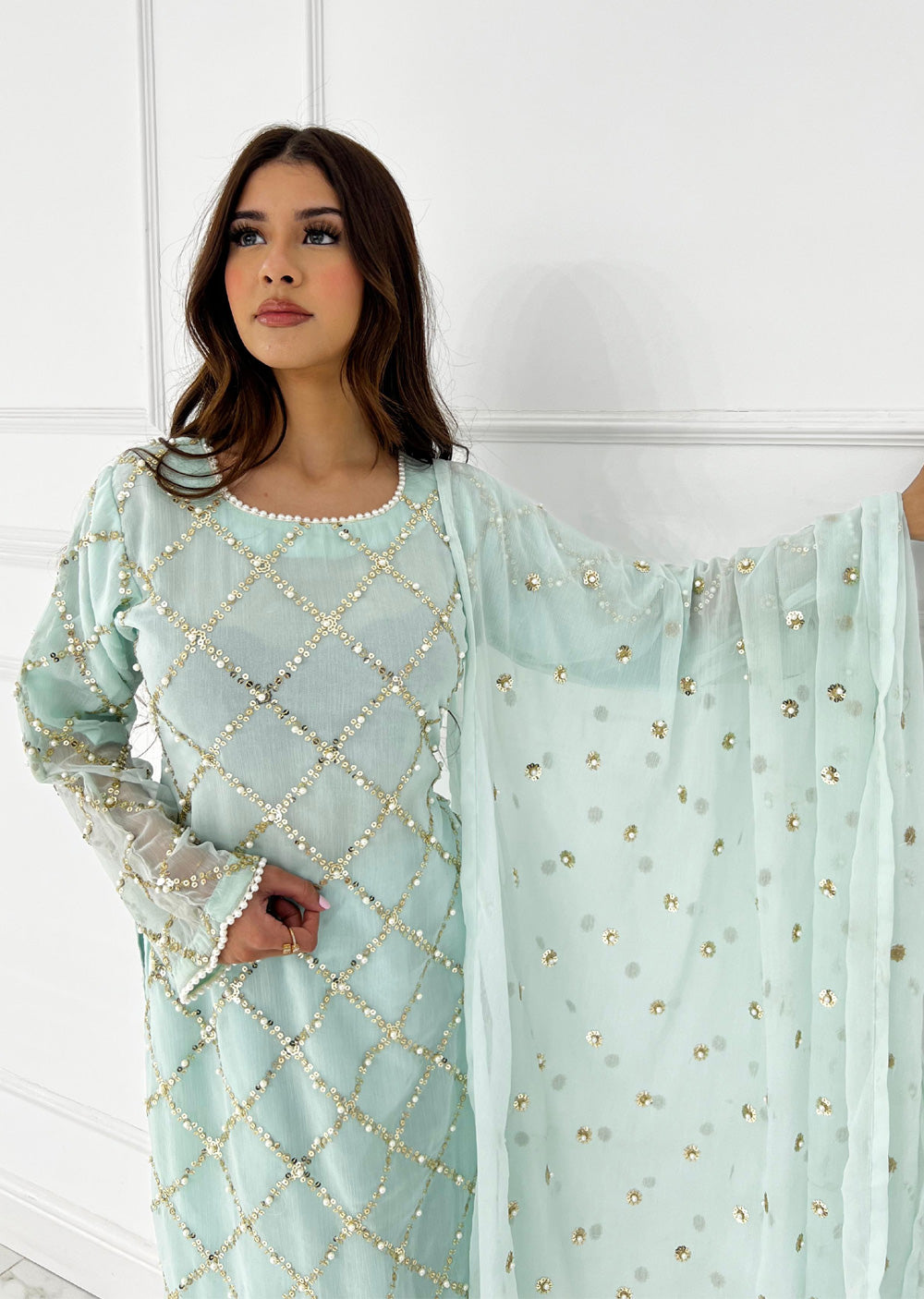 SMR3107 Quratulaine - Turquoise Chiffon Suit - Memsaab Online