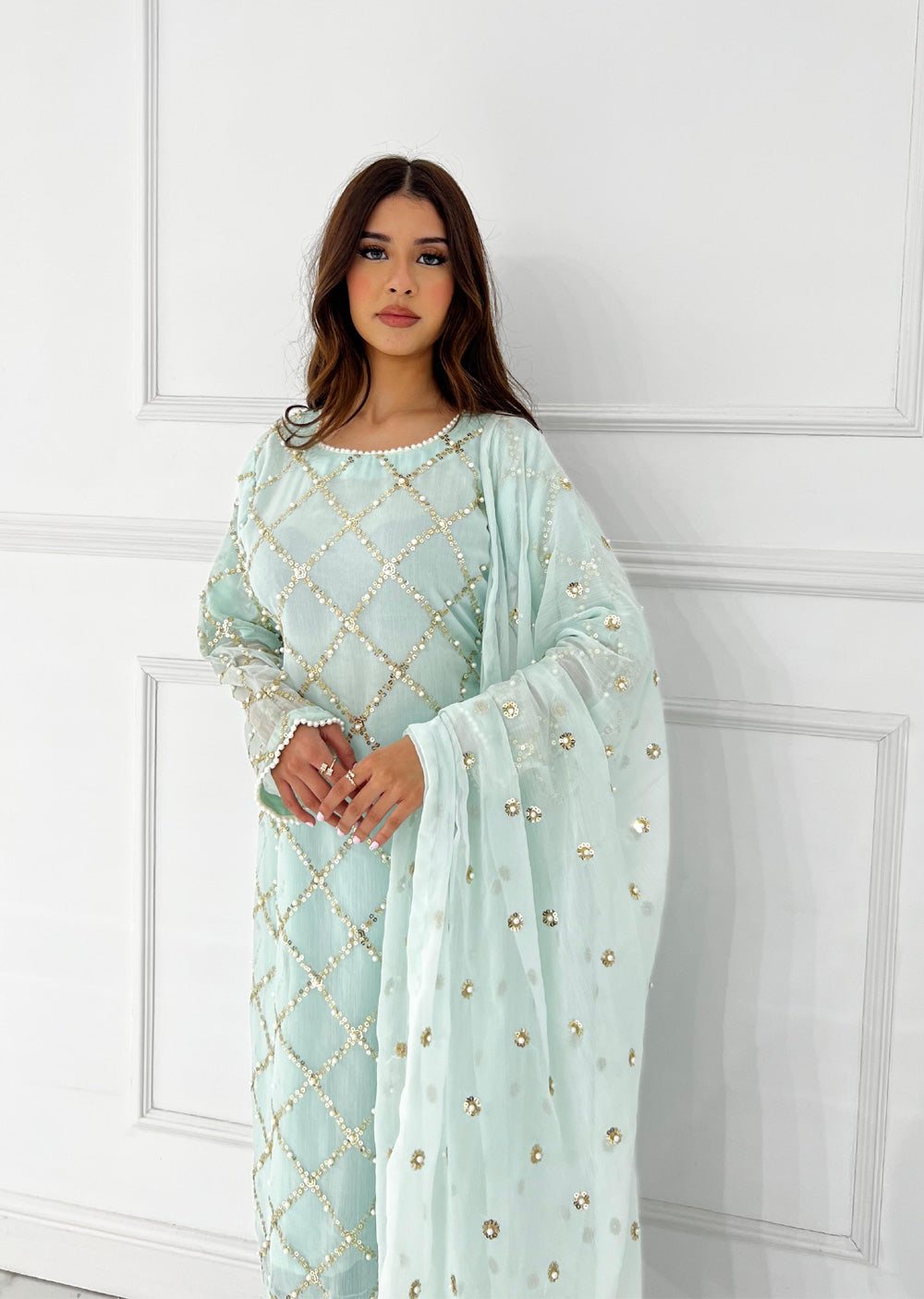 SMR3107 Quratulaine - Turquoise Chiffon Suit - Memsaab Online