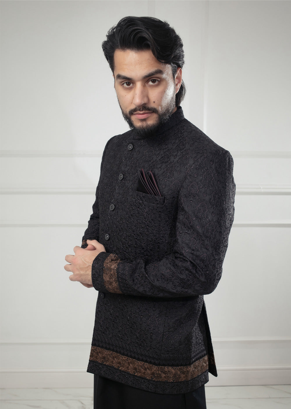 PC-704 - Black Mens Embroidered Prince Coat - Memsaab Online