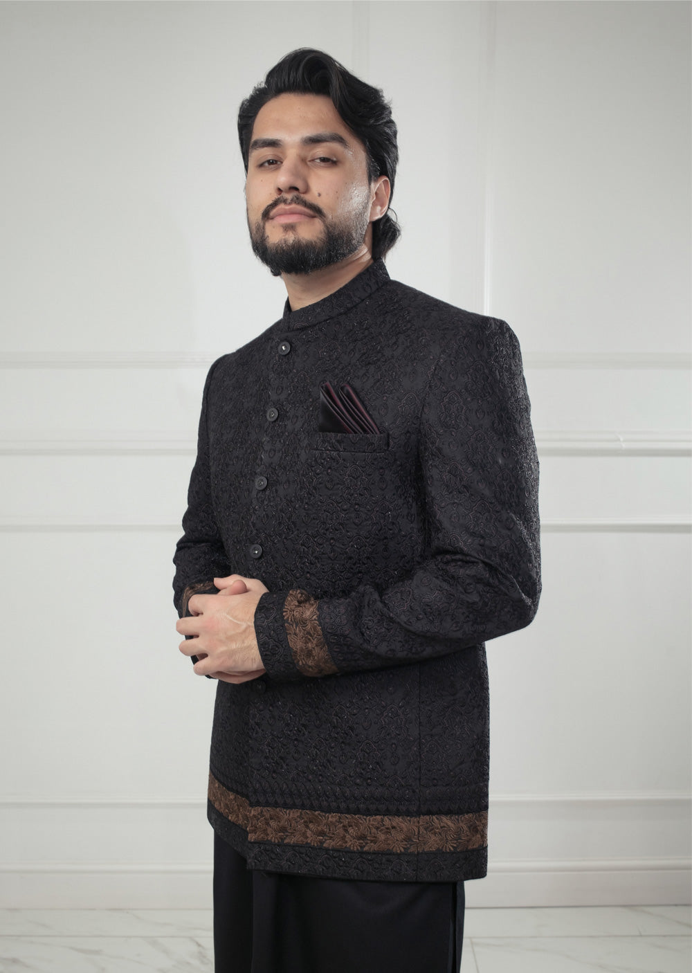 PC-704 - Black Mens Embroidered Prince Coat - Memsaab Online