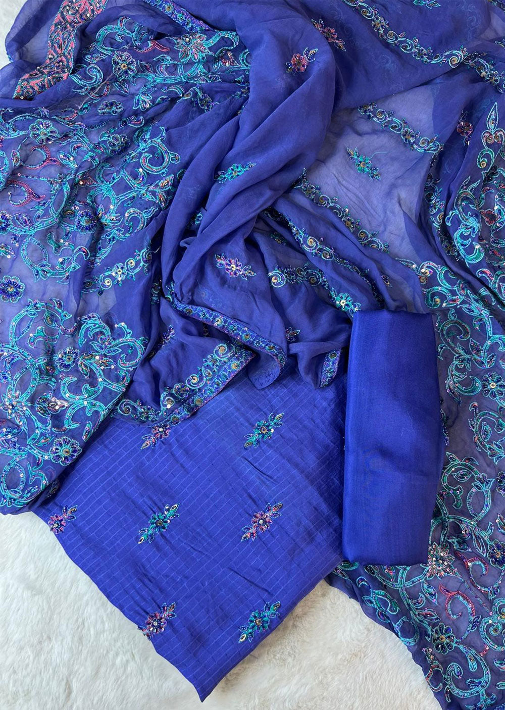 MEM07 - Blue - Unstitched pure Cotton silk suit - Memsaab Online
