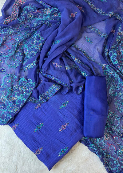 MEM07 - Blue - Unstitched pure Cotton silk suit - Memsaab Online