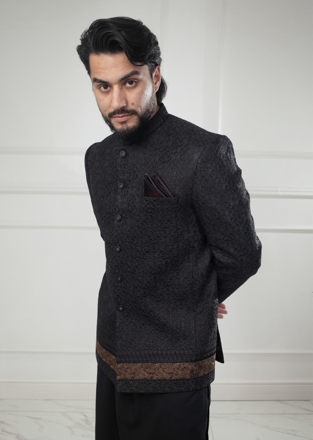 PC-704 - Black Mens Embroidered Prince Coat - Memsaab Online