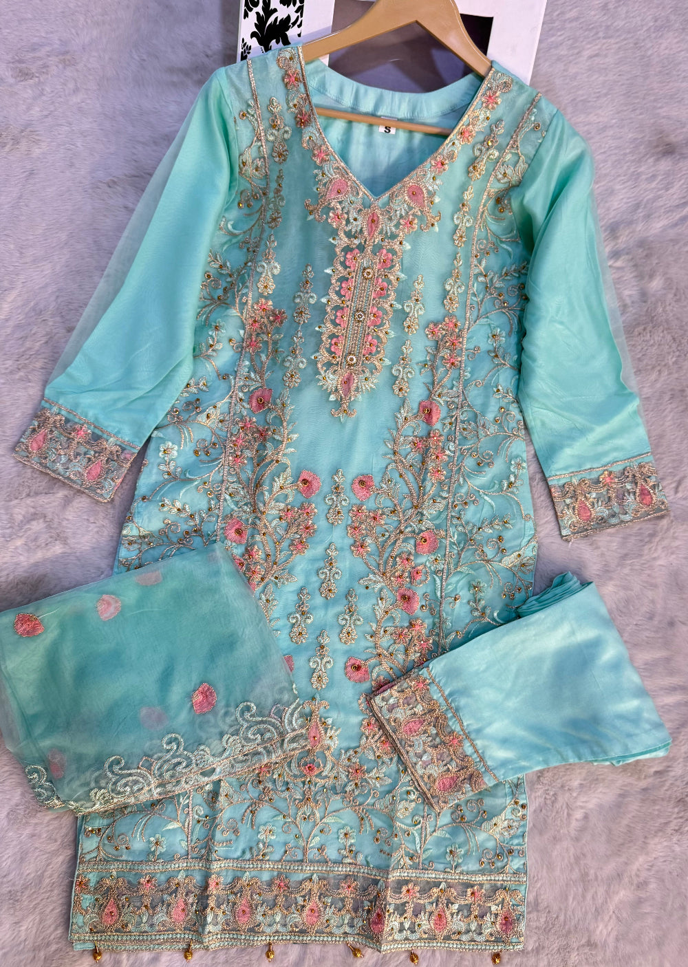 ASK663 Readymade Organza Green Suit - Memsaab Online