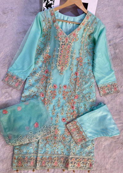 ASK663 Readymade Organza Green Suit - Memsaab Online