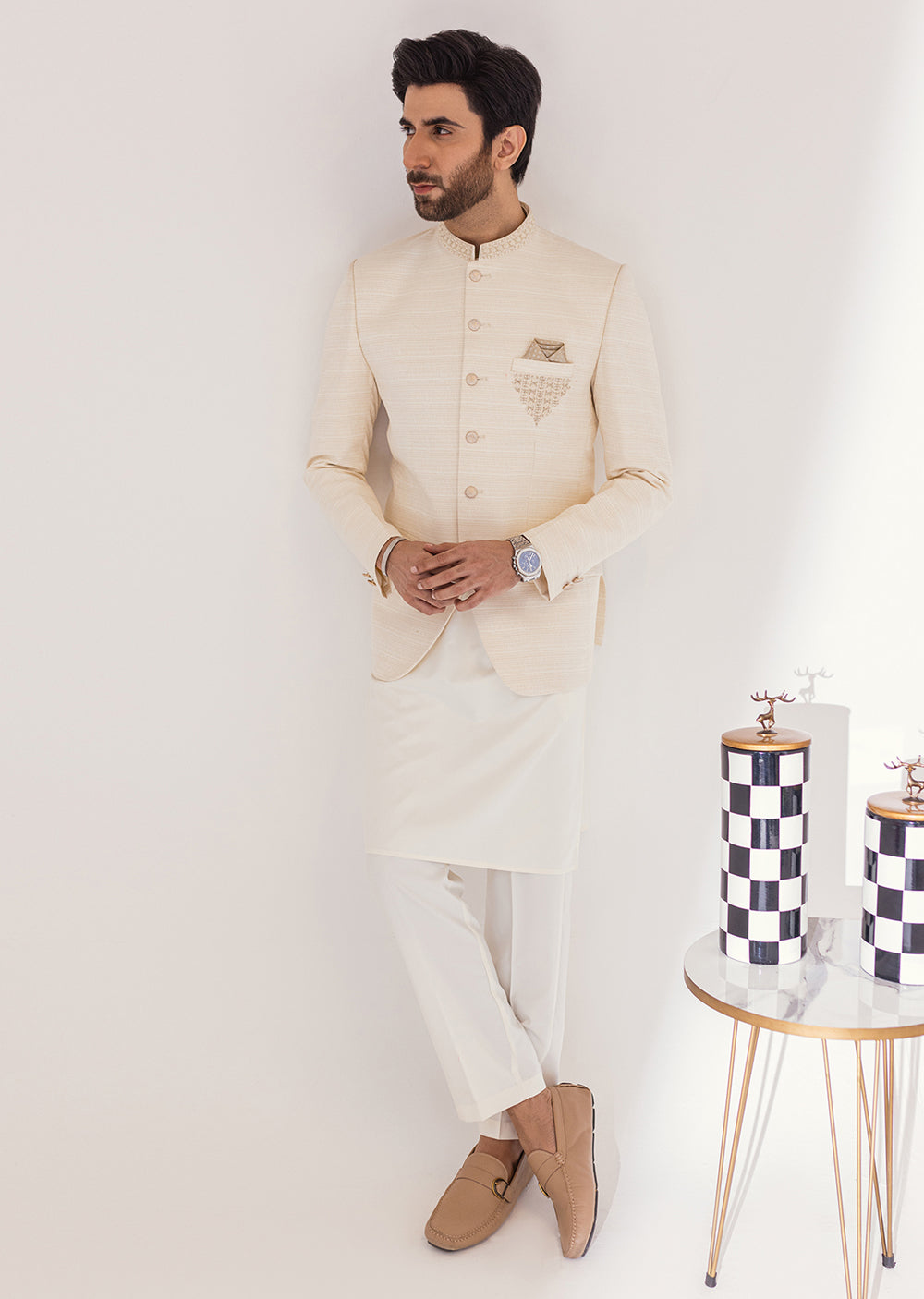 PC-381 - Cream - Mens Fancy Prince Coat - Memsaab Online