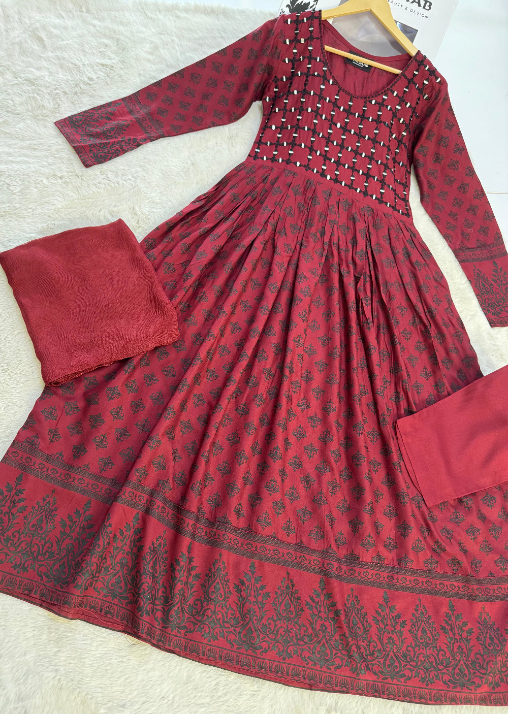 HK56 Bariqa - maroon Embroidered Linen Frock - Memsaab Online