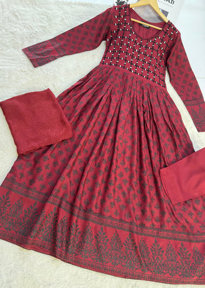 HK56 Bariqa - maroon Embroidered Linen Frock - Memsaab Online
