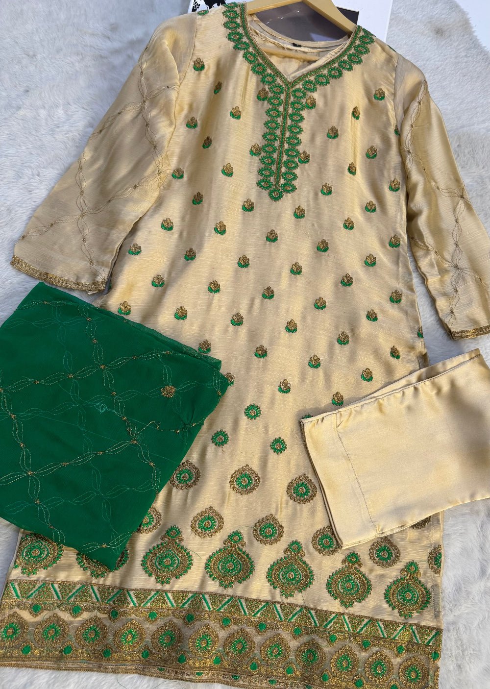 HSS-70 Gold/Green Readymade Cotton Suit - Memsaab Online