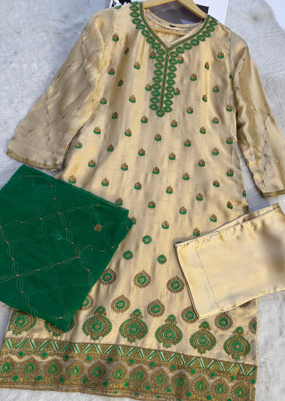 HSS-70 Gold/Green Readymade Cotton Suit - Memsaab Online