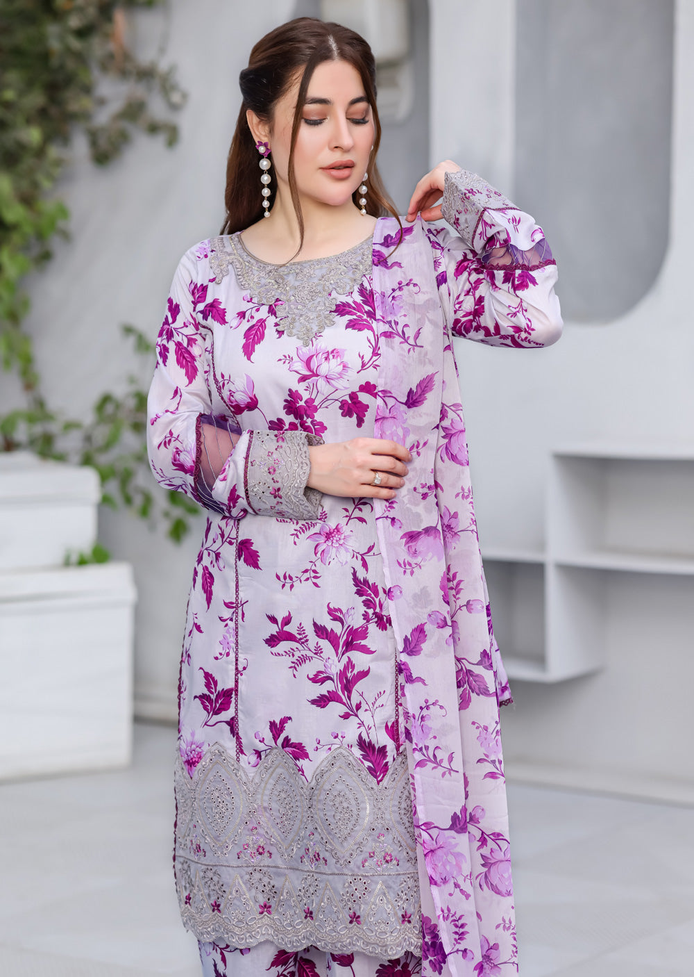 MDNA-21 - Nude Purple Embroidered Lawn Outfit - Memsaab Online