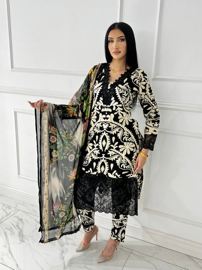 MDNA-07 - Black Embroidered Lawn Outfit - Memsaab Online