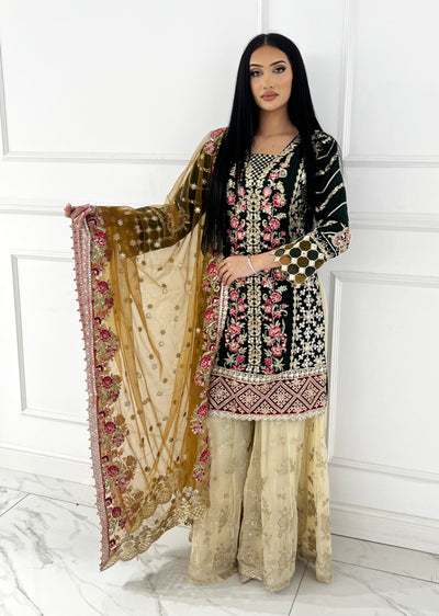 ZN1951 Dark Green Readymade Chiffon Suit - Memsaab Online