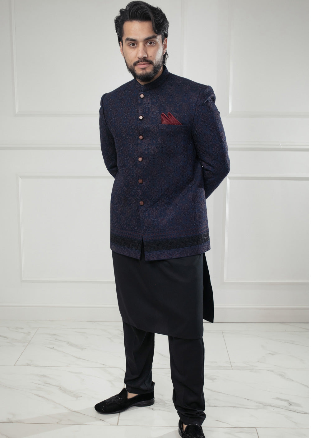 PC-707 - Navy Mens Embroidered Prince Coat - Memsaab Online