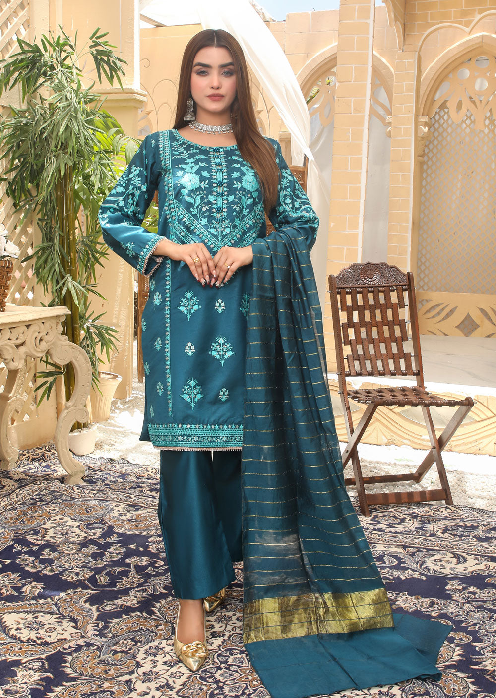 KLD204 Rustic - Readymade Teal Suit - Memsaab Online