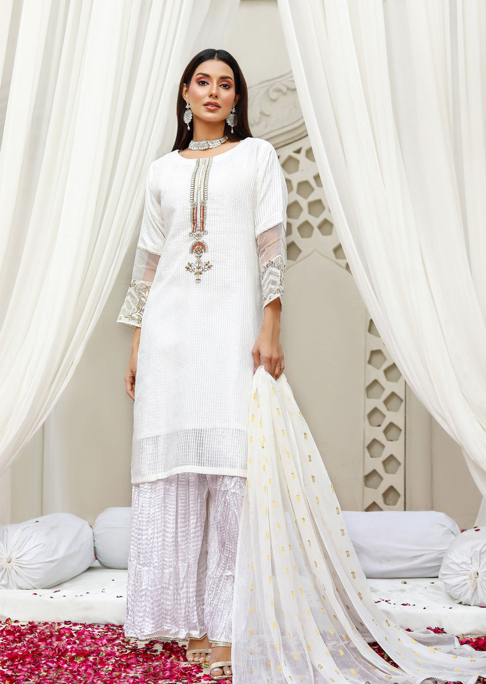 KLD1022 Fusion - White Readymade Khadi Net Suit - Memsaab Online