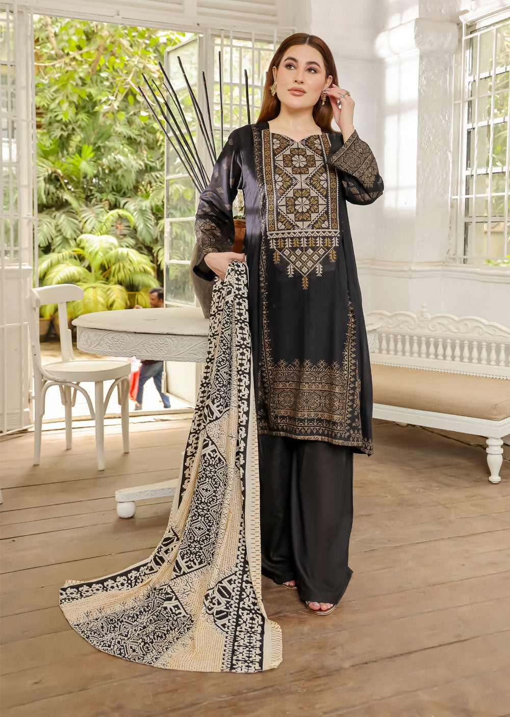 AMT4801 - Black Readymade Lawn Suit - Memsaab Online