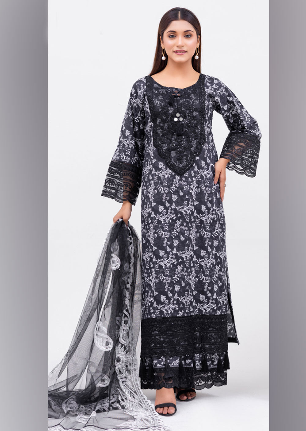 RGZ4008 Readymade Black/White Pearl Lawn Suit - Memsaab Online