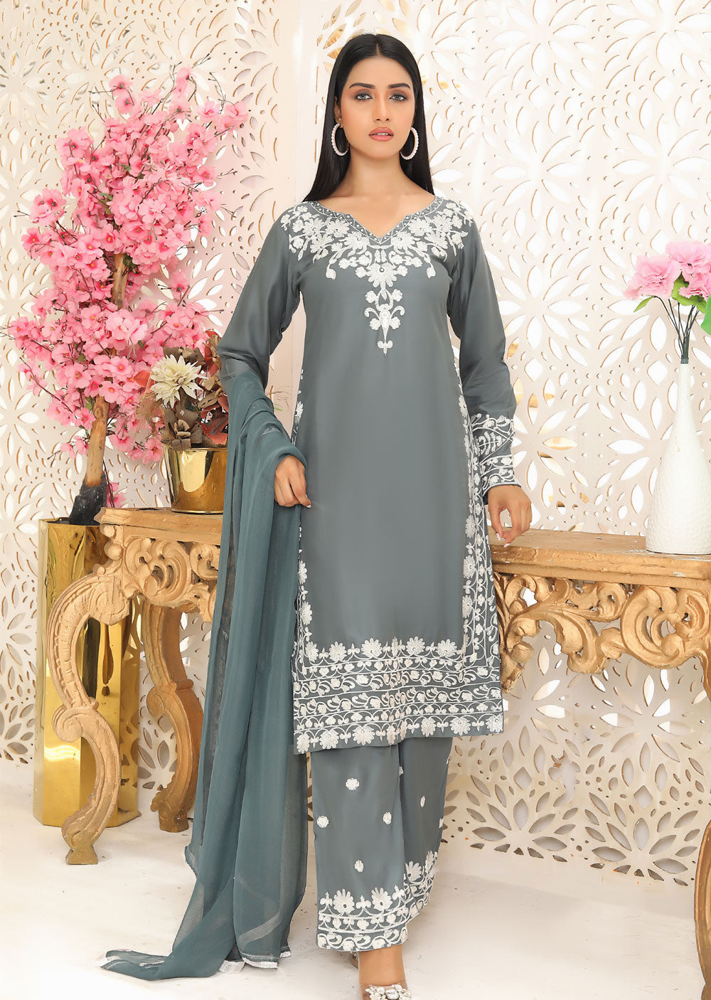 HK209 Tere Bin Readymade Grey Linen Suit - Memsaab Online